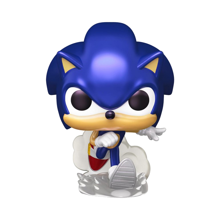 Una figura azul de Sonic con nariz amarilla y zapatos blancos se alza sobre una base.