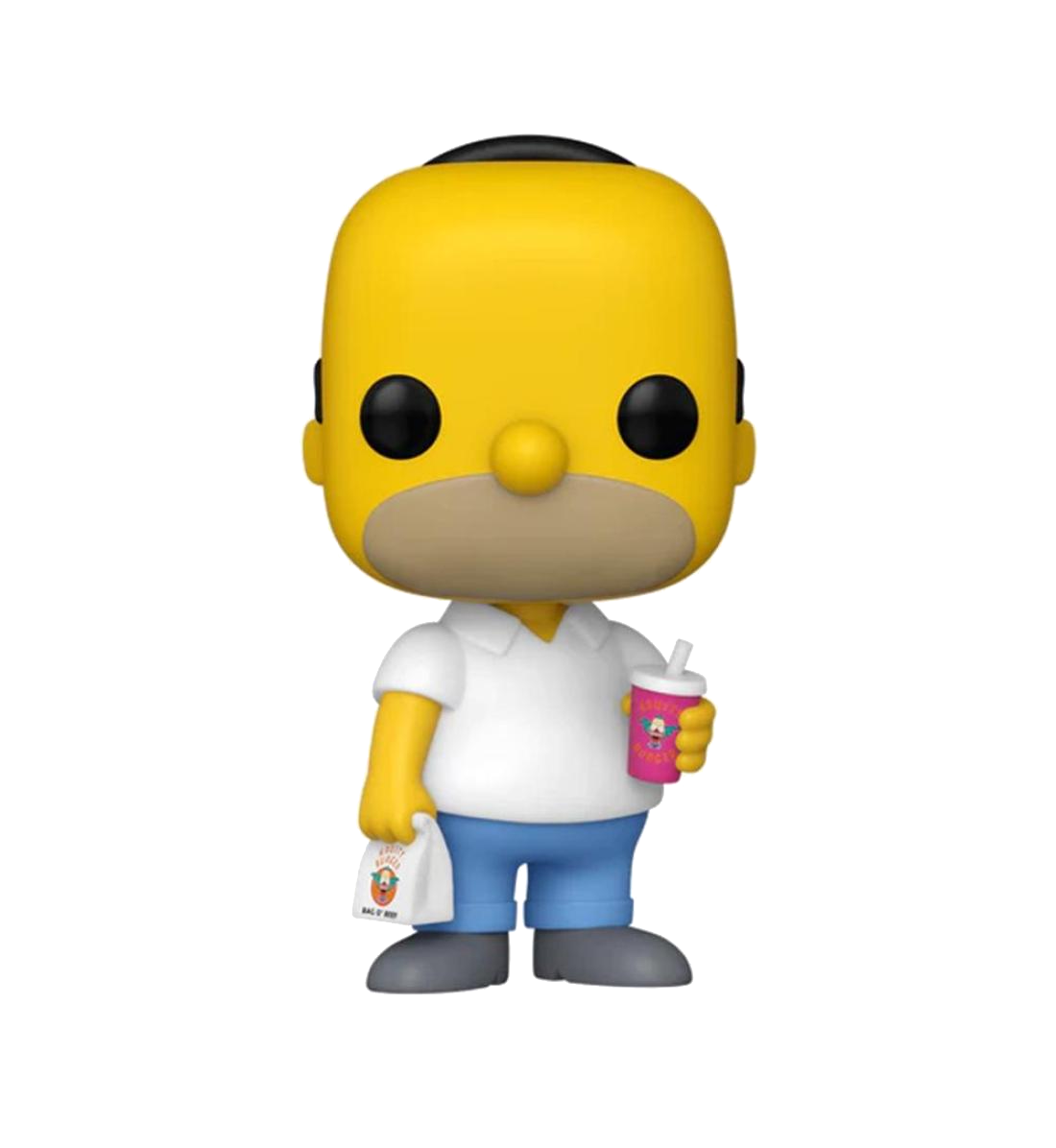 Homer Simpson sosteniendo una bebida y una bolsa "Bag o' Fun".