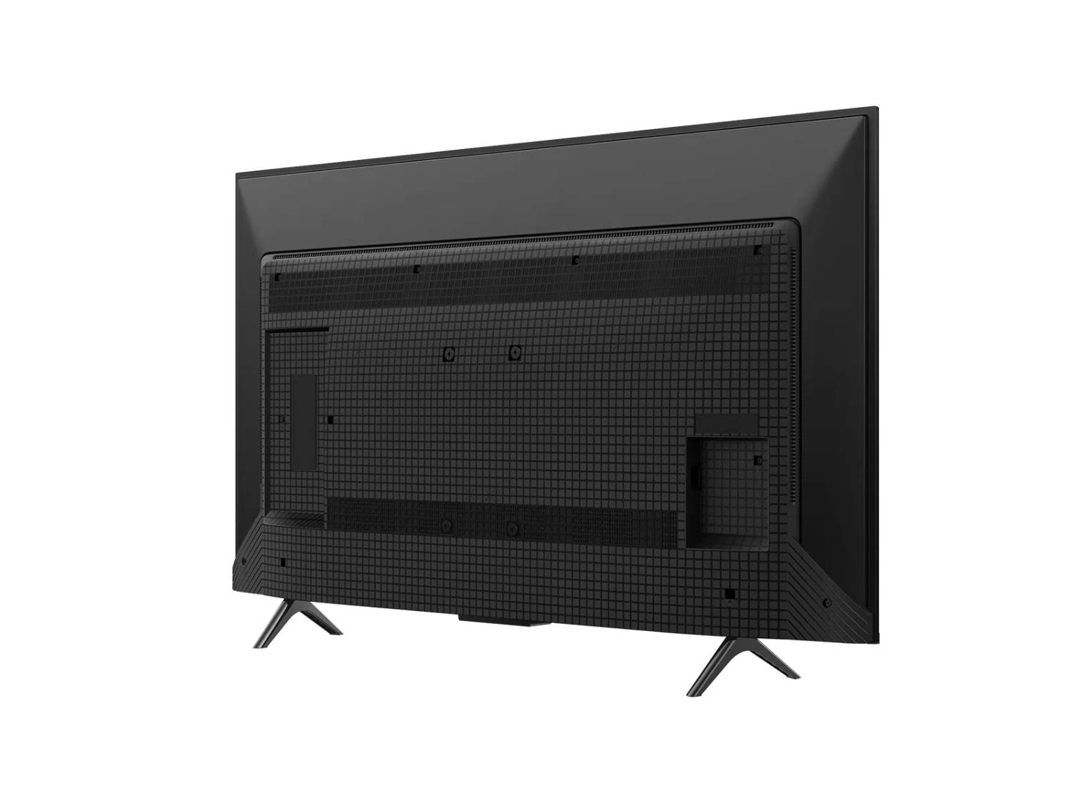 Parte trasera de un televisor negro con rejillas de ventilación y dos patas en forma de V.