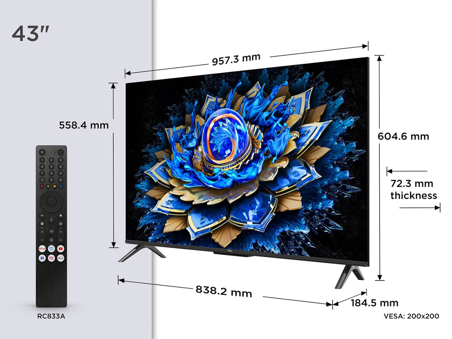 Televisor de 43 pulgadas con mando a distancia. Dimensiones mostradas.