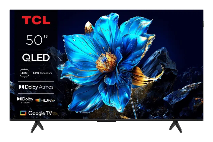 TV TCL 50" QLED con una vibrante flor azul y rocas cristalinas.