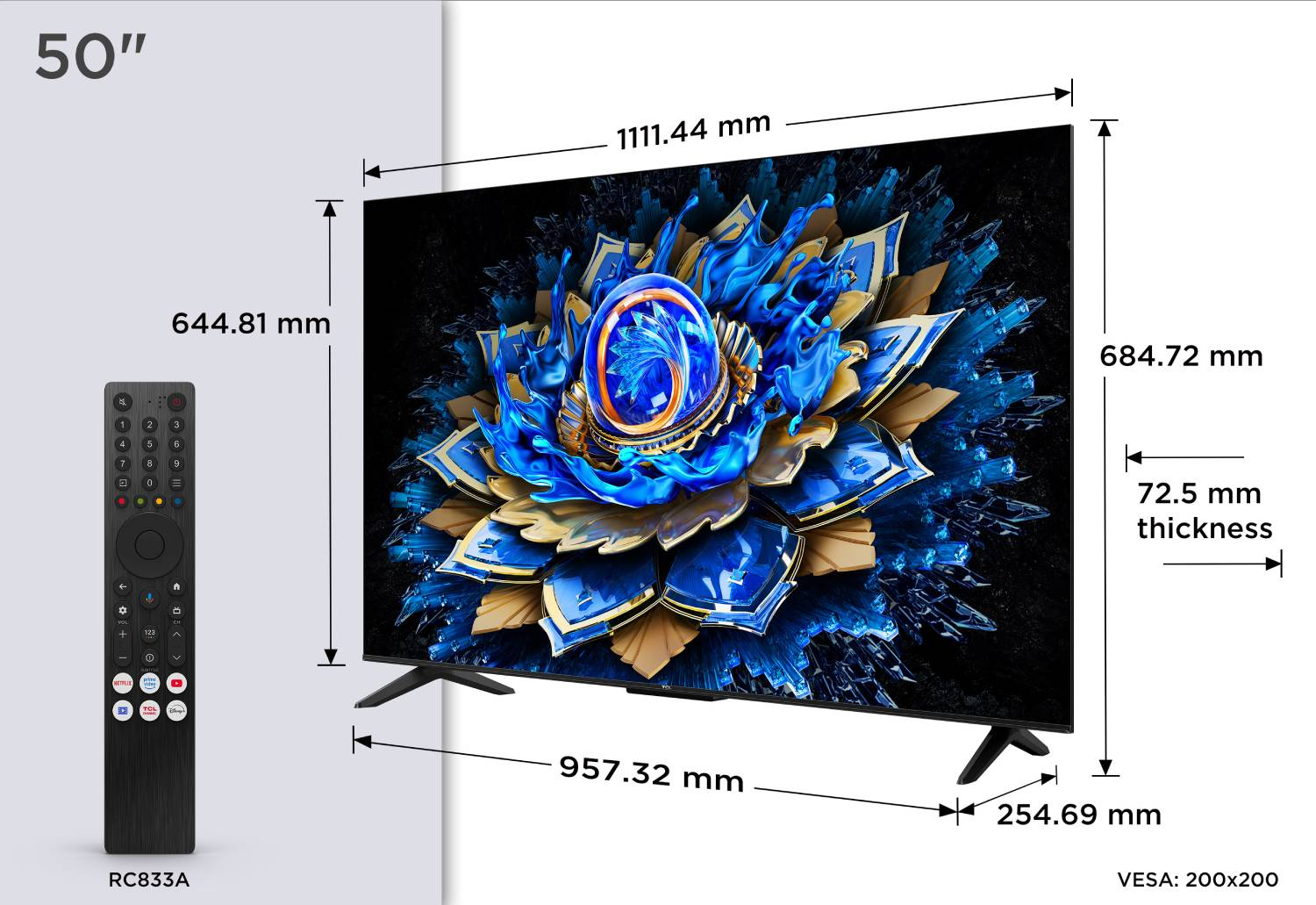Un televisor de 50" con pantalla abstracta azul y dorada, un mando y dimensiones.
