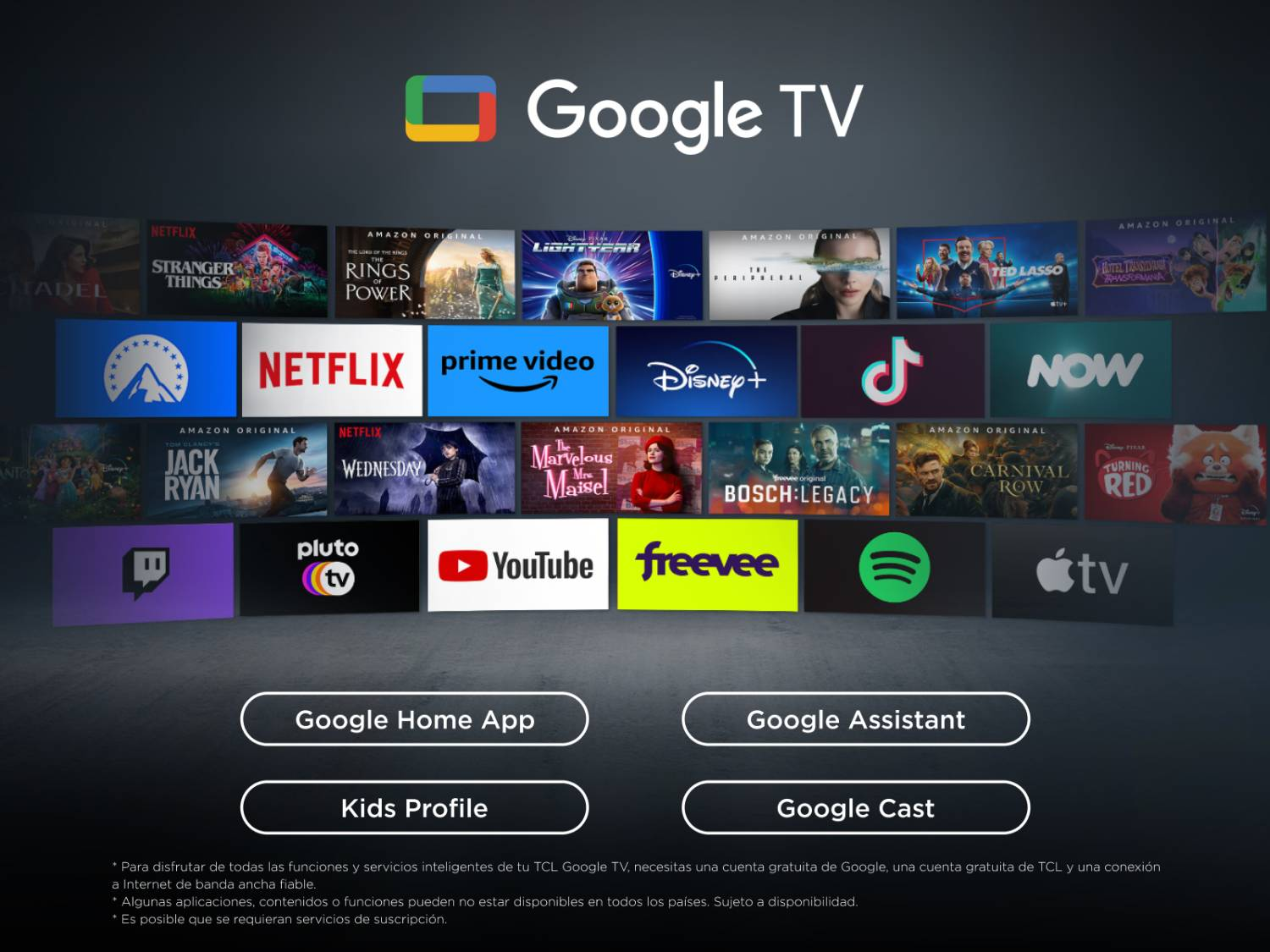 Página de inicio de Google TV que muestra logotipos de servicios de streaming como Netflix.