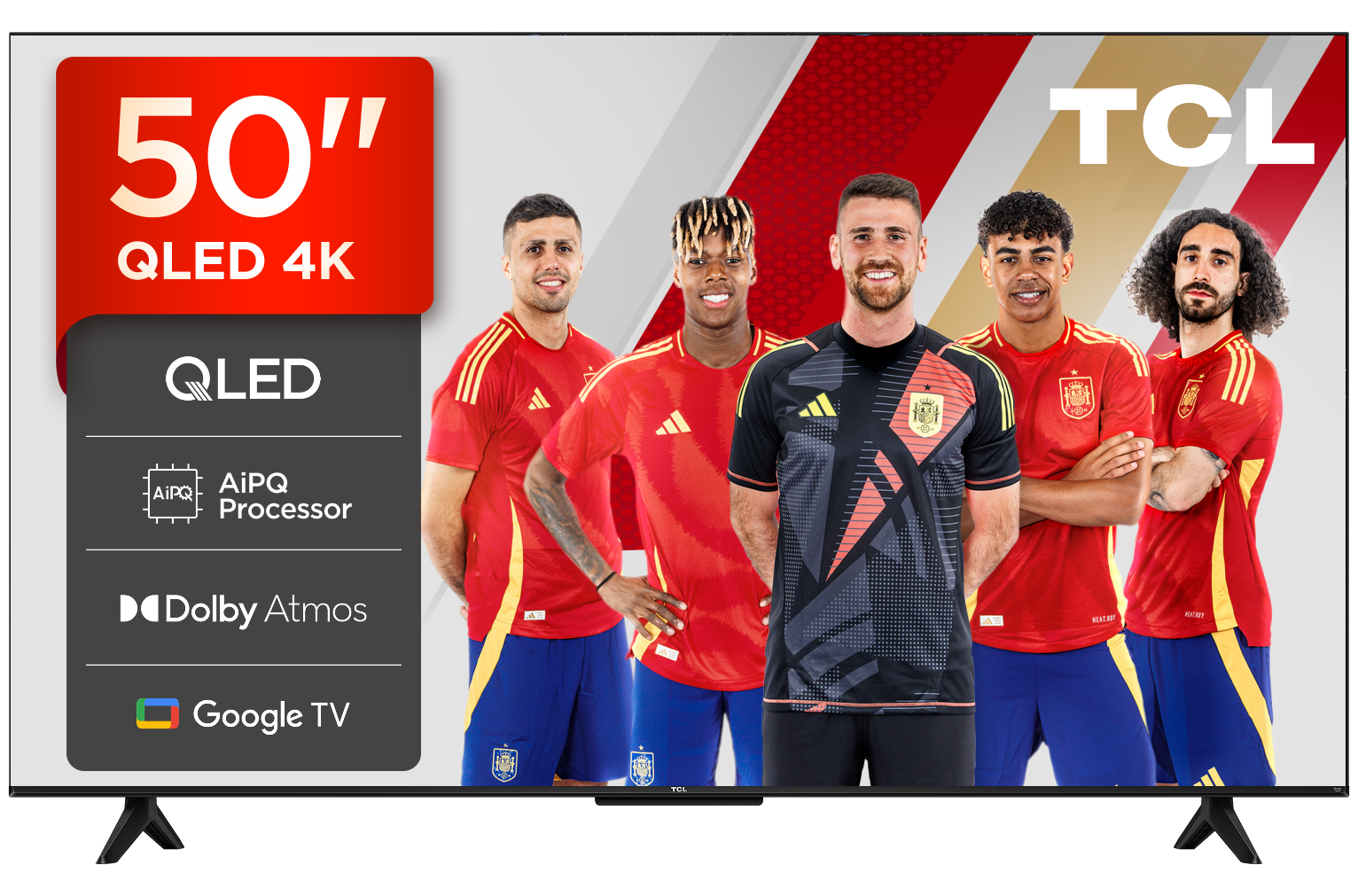 TV TCL 50" QLED 4K con jugadores de fútbol en camisetas rojas y uno en negro. QLED, Procesador AiPQ.