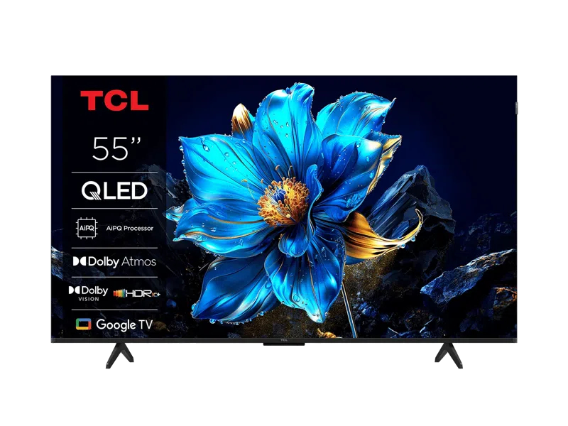 TV TCL 55" QLED con flor azul y rocas en pantalla.