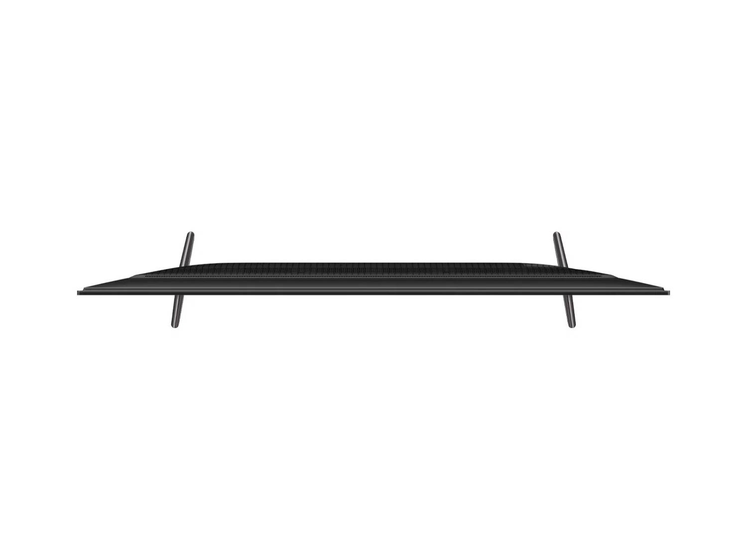 Un televisor negro de pantalla plana con bisel fino y dos soportes laterales.