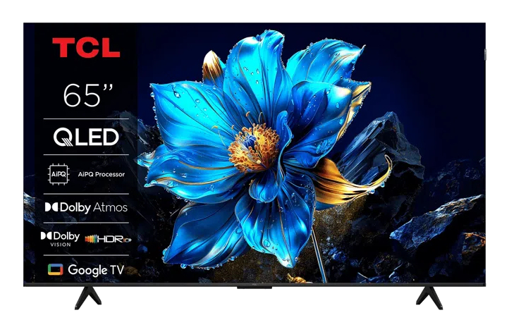 Televisor TCL 65" QLED que muestra una vibrante flor azul con detalles dorados sobre fondo oscuro.