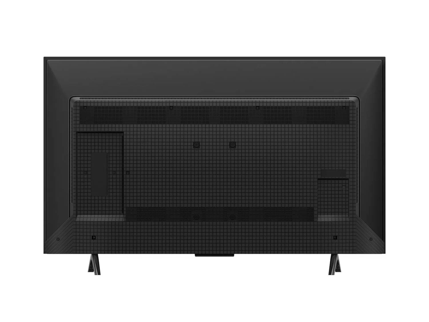 Vista trasera de un televisor negro con patrón de rejilla y patas.