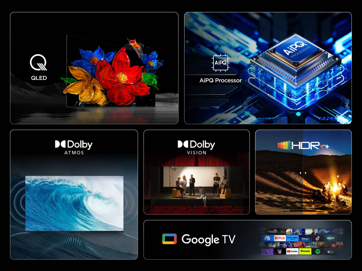 QLED, procesador AiPQ, Dolby Atmos, Dolby Vision, HDR+ y Google TV.