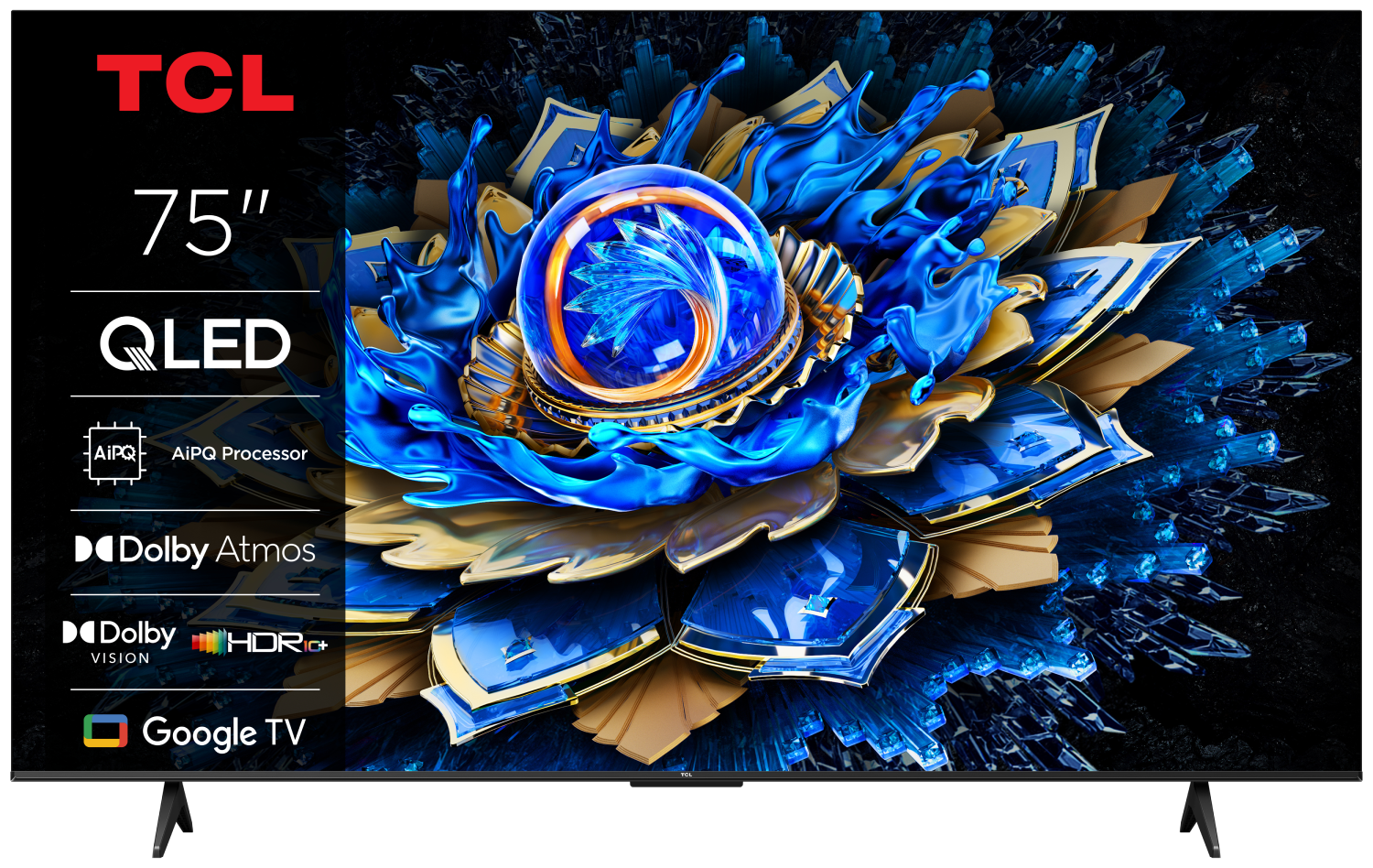 TV TCL 75" QLED con imagen de flor abstracta azul y dorada. Incluye Google TV.