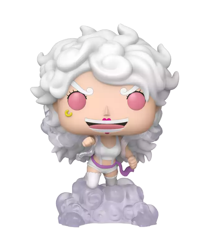 Una figura blanca está sobre una nube, con ojos rosas y cabello blanco.