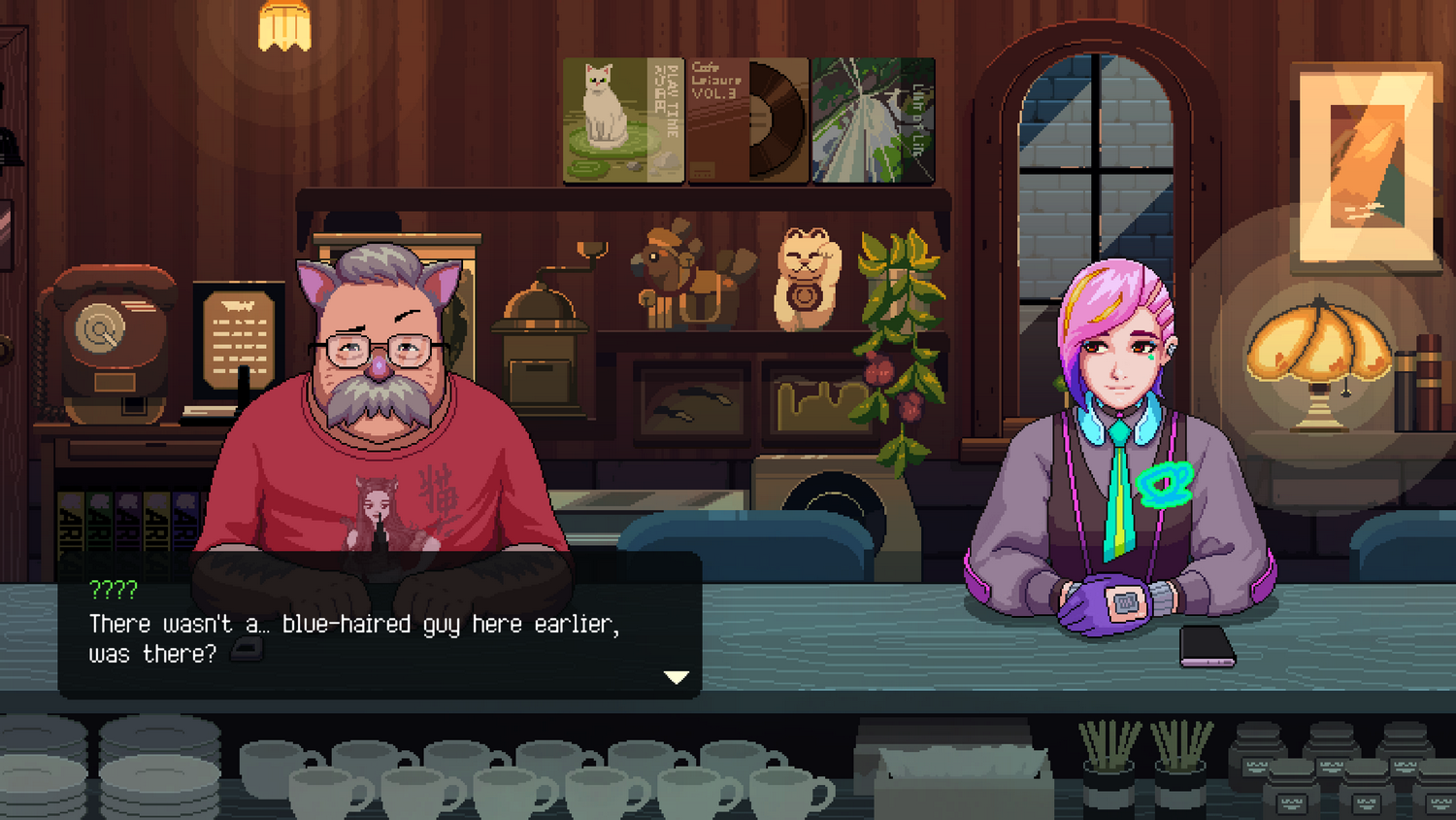 Escena de pixel art: Dos personajes en un bar. Un hombre con orejas de gato, otro con pelo rosa.