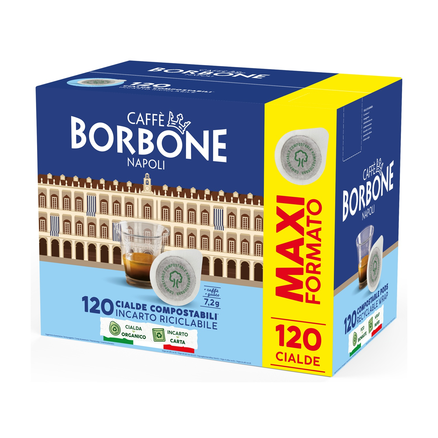 Una scatola da 120 cialde di caffè Borbone, formato maxi, su sfondo blu.