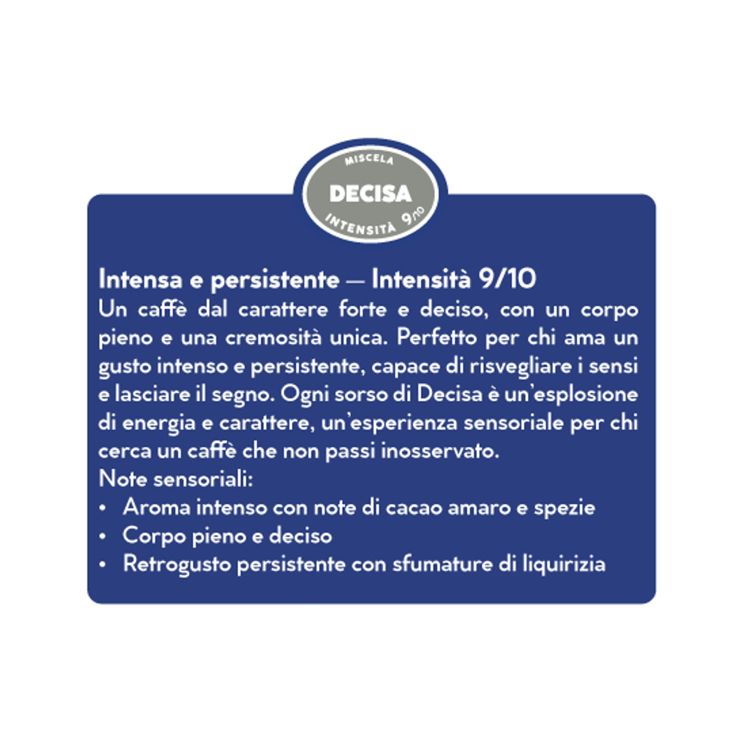 Una confezione di caffè con testo su intensità 9/10 e note sensoriali.