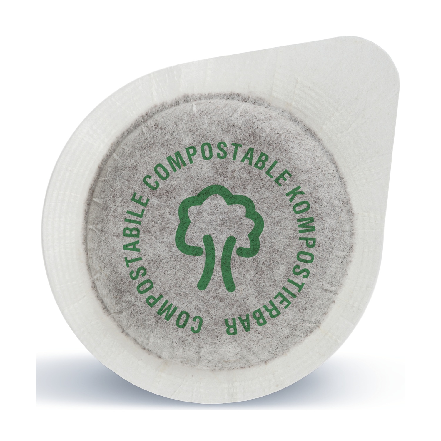 Una capsula di caffè compostabile con logo ad albero verde e testo.