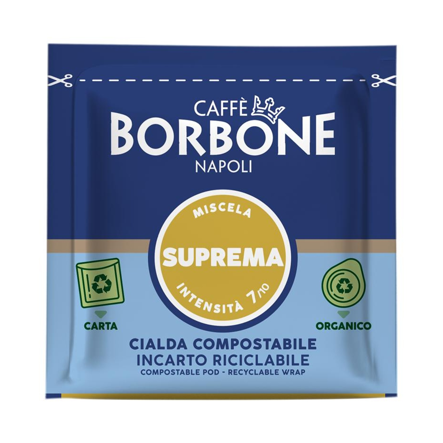 Confezione caffè Caffè Borbone Napoli. Cialda compostabile, incarto riciclabile. Intensità 7/10.