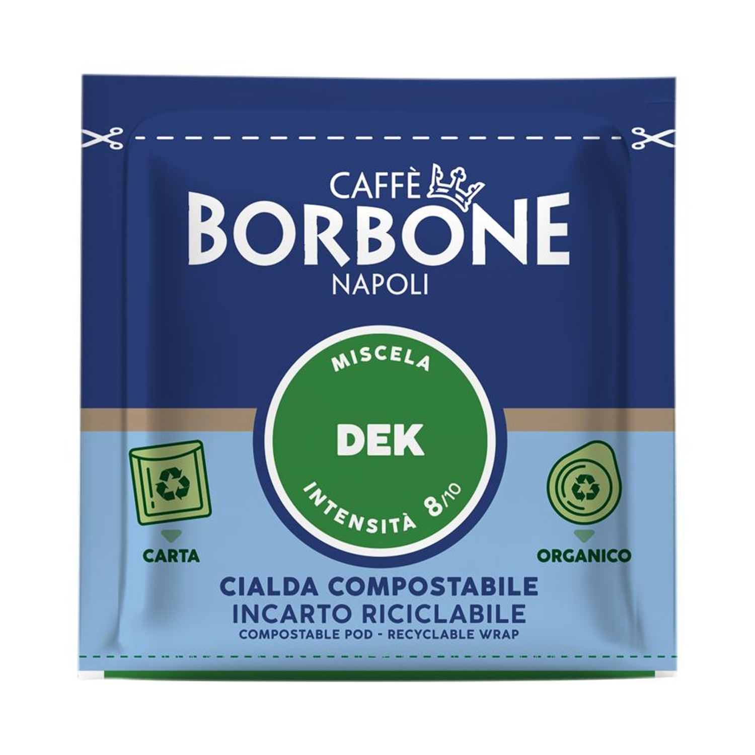 Confezione cialda Caffè Borbone Dek con simboli compostabile e riciclabile.