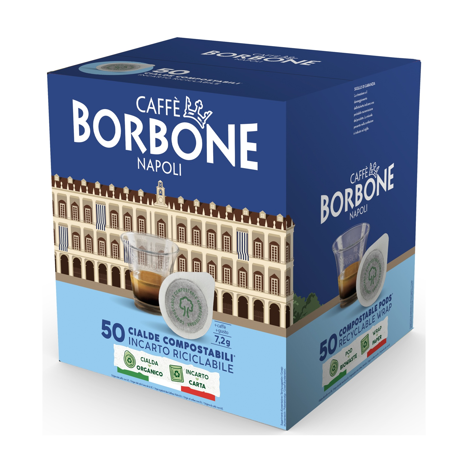 Scatola da 50 cialde caffè compostabili Caffe Borbone con immagine edificio.