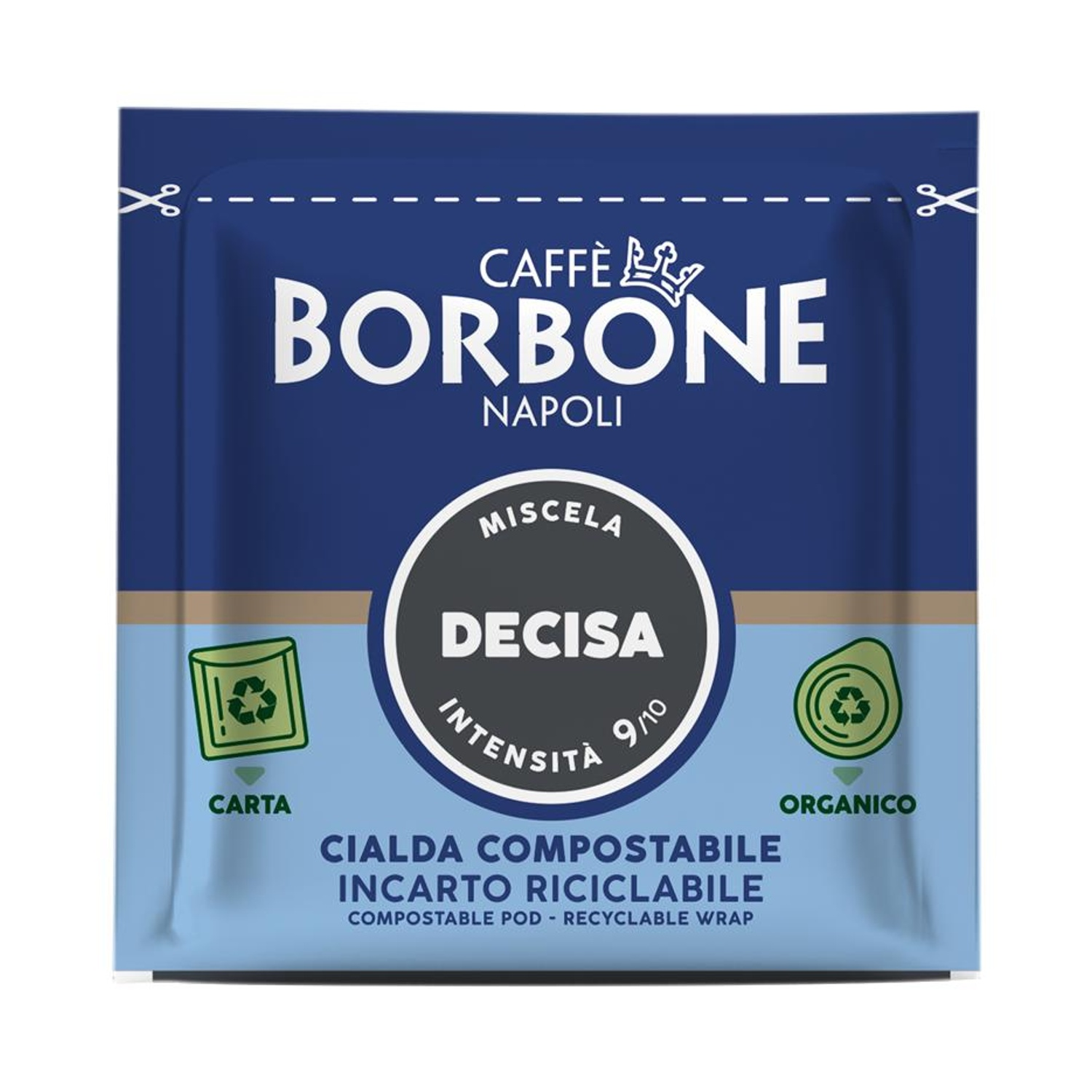 Confezione caffè con 'Caffè Borbone Napoli', 'Decisa', 'Carta' e 'Organico'.