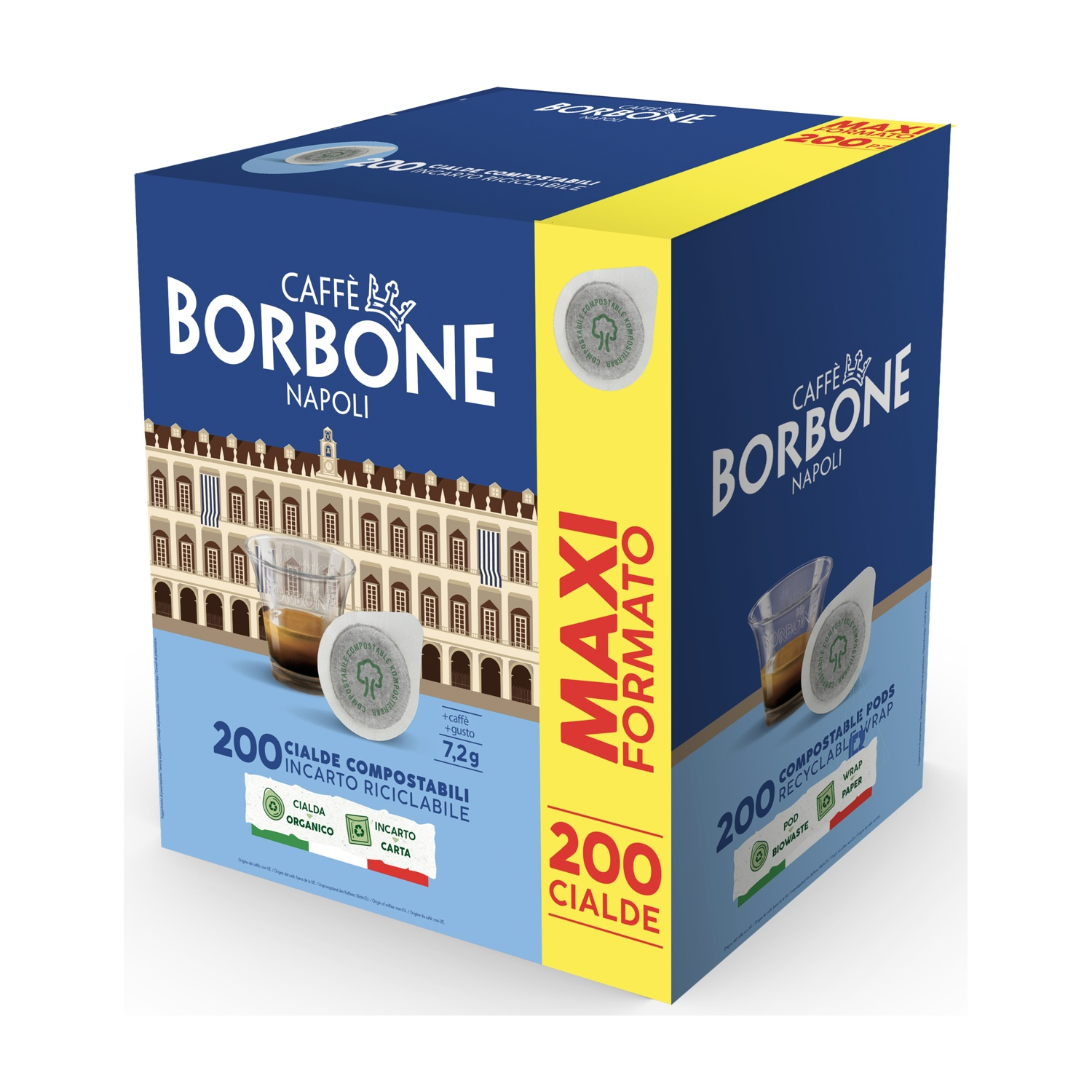 Una scatola di 200 cialde di caffè Borbone, blu e gialla, con immagine di edificio.