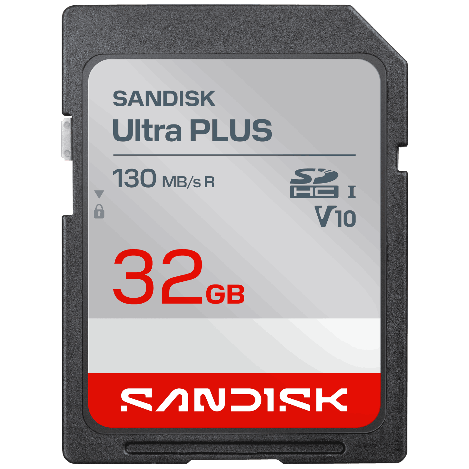 Tarjeta SD Sandisk Ultra Plus de 32 GB con 130 MB/s de lectura.