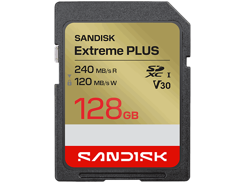 Tarjeta SD – SANDISK Extreme Plus, 128 GB, Vídeo 4k UHD, Hasta 240 MB/s lectura, U3, V30, C10, UHS-I, Oro