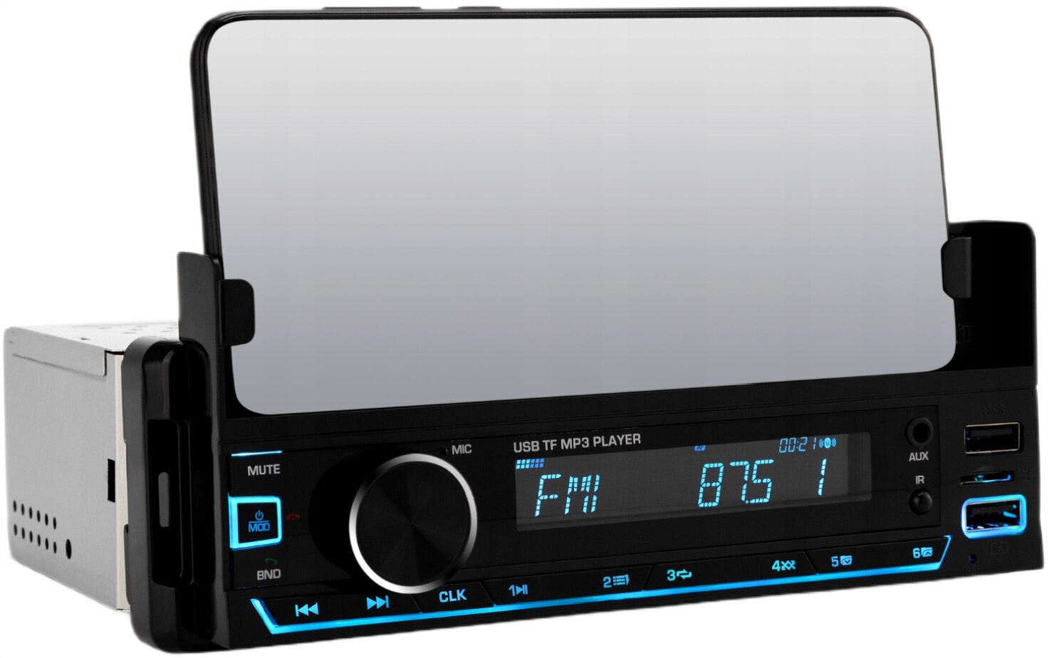 Radio samochodowe z odtwarzaczem MP3, wysuwanym ekranem i niebieskimi przyciskami.