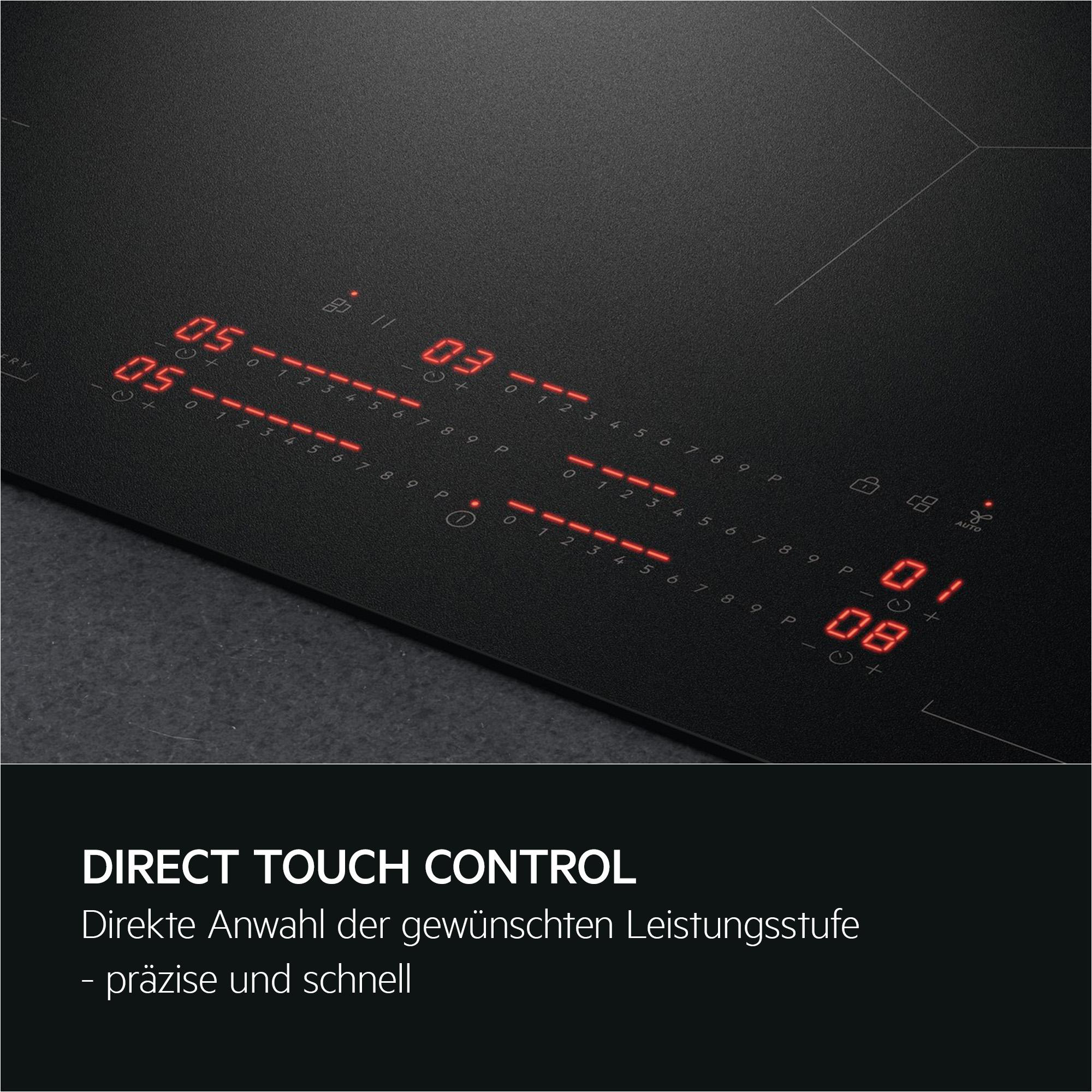 Schwarze Induktionskochfläche mit roten Digitalanzeigen für Heizstufen.
