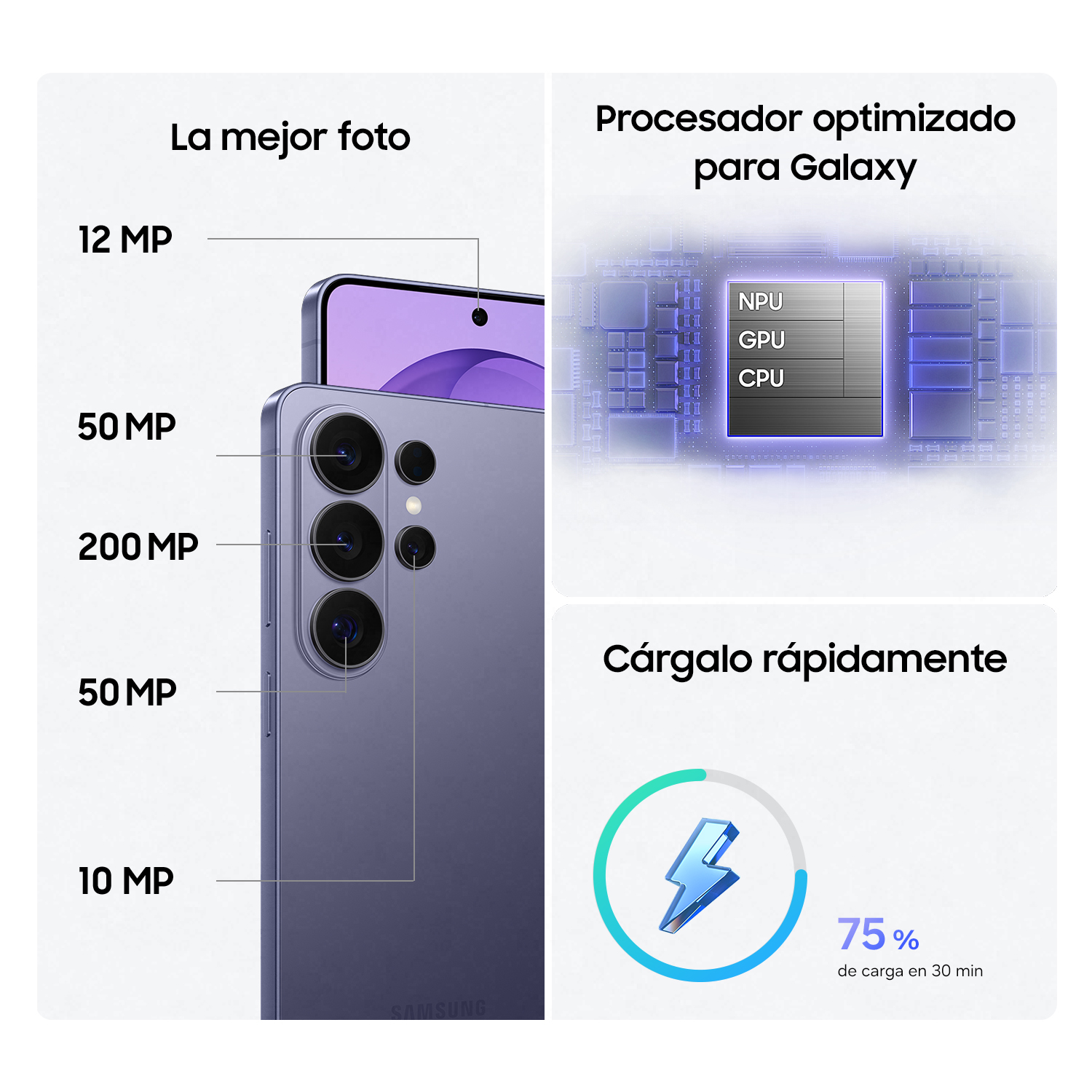 Un teléfono Samsung morado con múltiples cámaras y un indicador de carga.