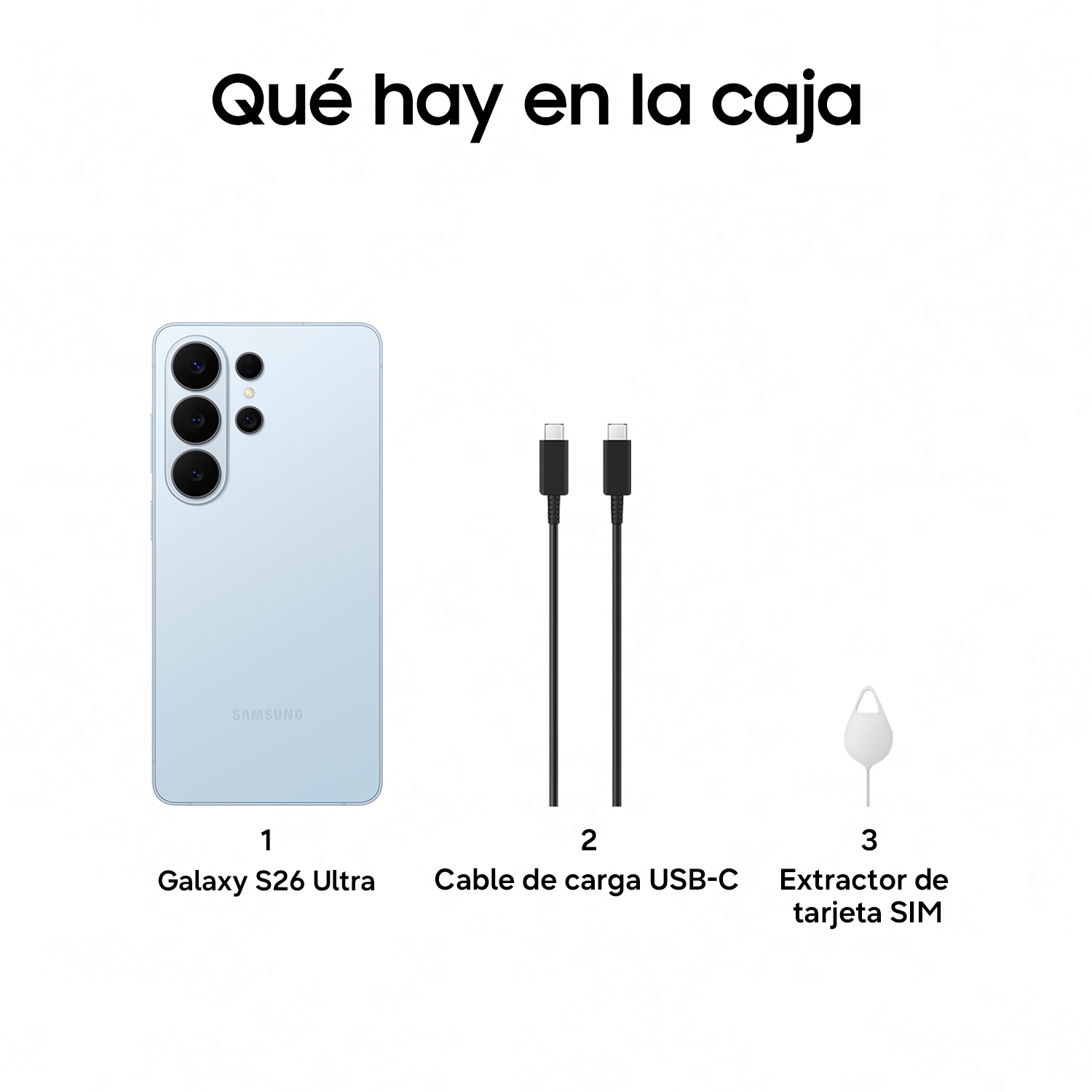 Un Samsung Galaxy S26 Ultra azul claro, dos cables USB-C y una herramienta extractora de SIM.