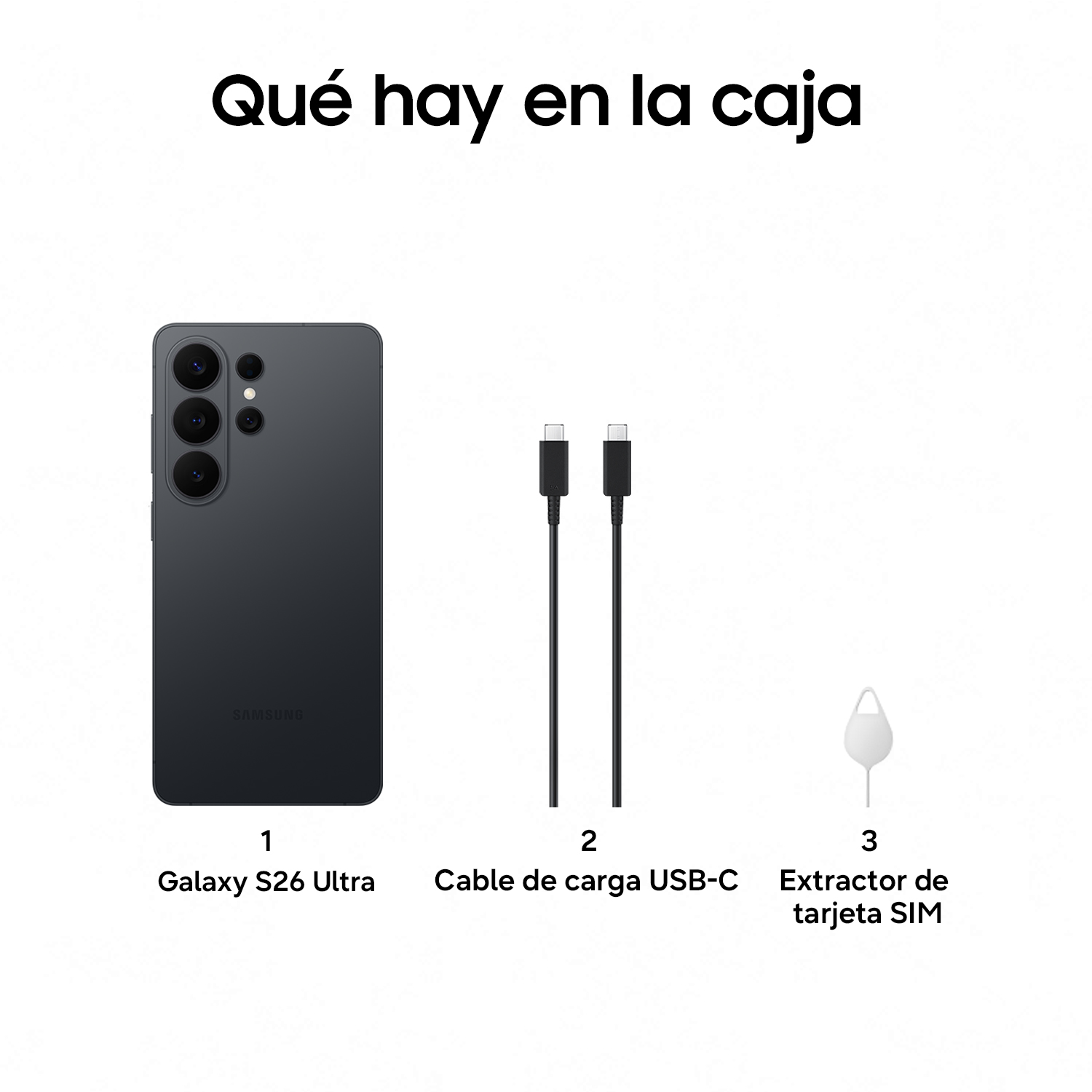 Un Samsung Galaxy S26 Ultra oscuro, dos cables USB-C y una herramienta extractora de SIM.