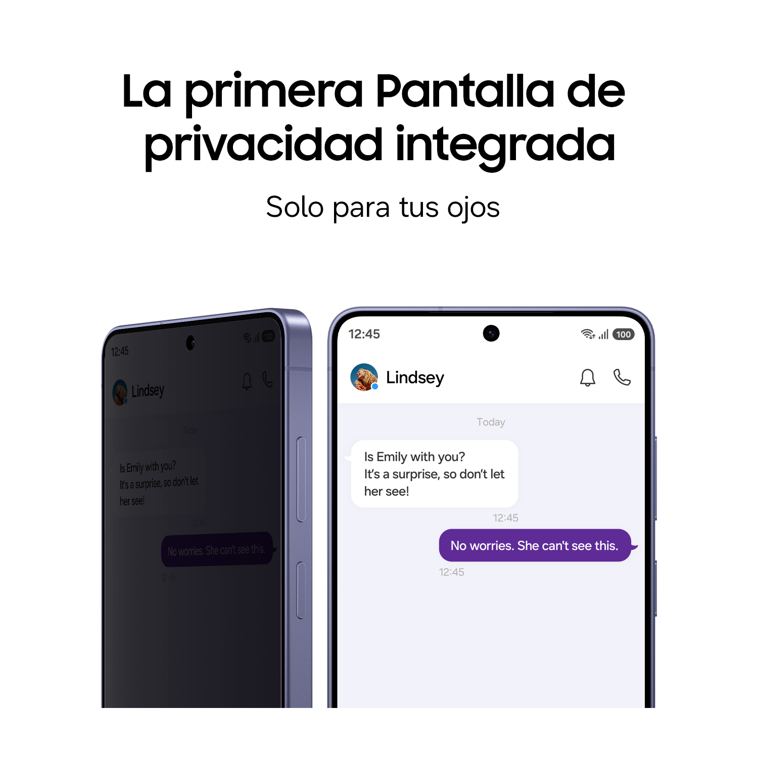 Dos teléfonos muestran un mensaje de chat: "No te preocupes. Ella no puede verlo."