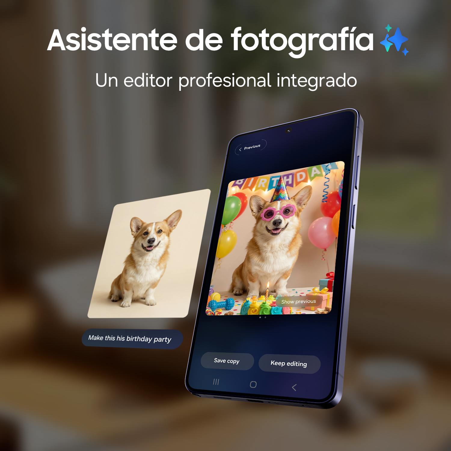 Un Corgi con gorro de fiesta y gafas en pantalla de móvil, junto a otra imagen.