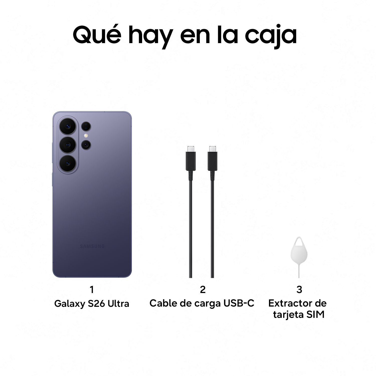 Un smartphone morado, dos cables USB-C y una herramienta para extraer SIM.
