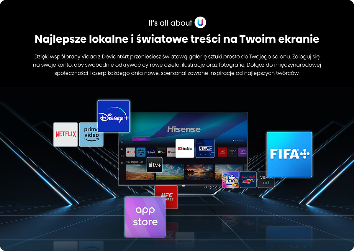 Telewizor Smart TV Hisense wyświetla aplikacje takie jak Netflix, Disney+, YouTube, FIFA i inne.