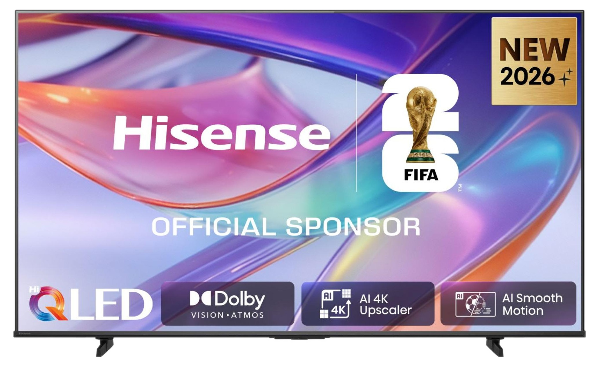 Telewizor Hisense QLED z logo FIFA, „Oficjalny Sponsor”, „Nowość 2026”.
