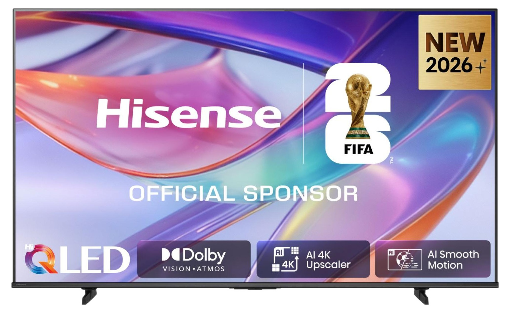 Telewizor Hisense z logo FIFA, 'Oficjalny Sponsor', 'Nowość 2026', QLED, Dolby Vision.