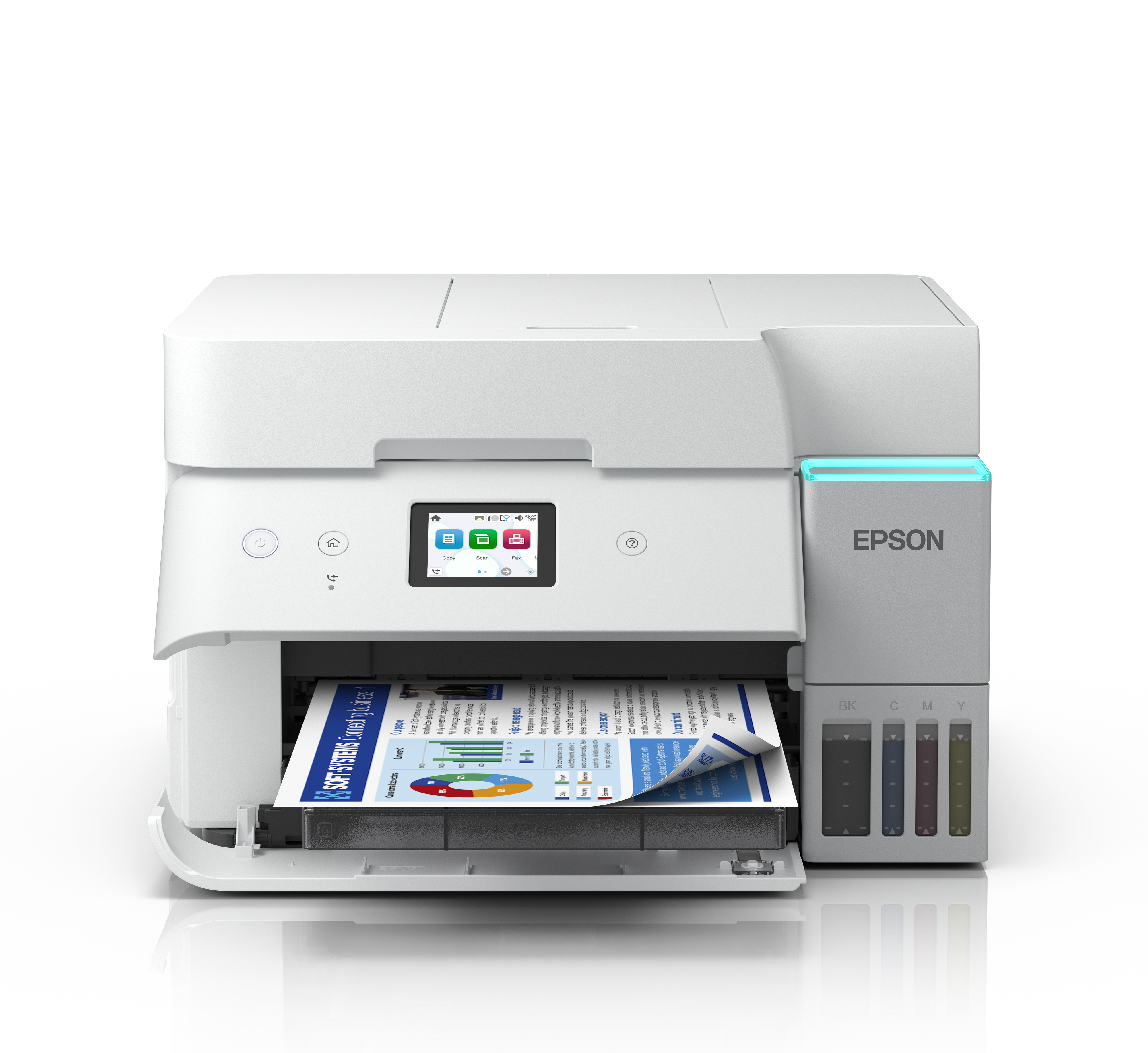 Ein weißer Epson Drucker mit einem Touchscreen und bedrucktem Papier.