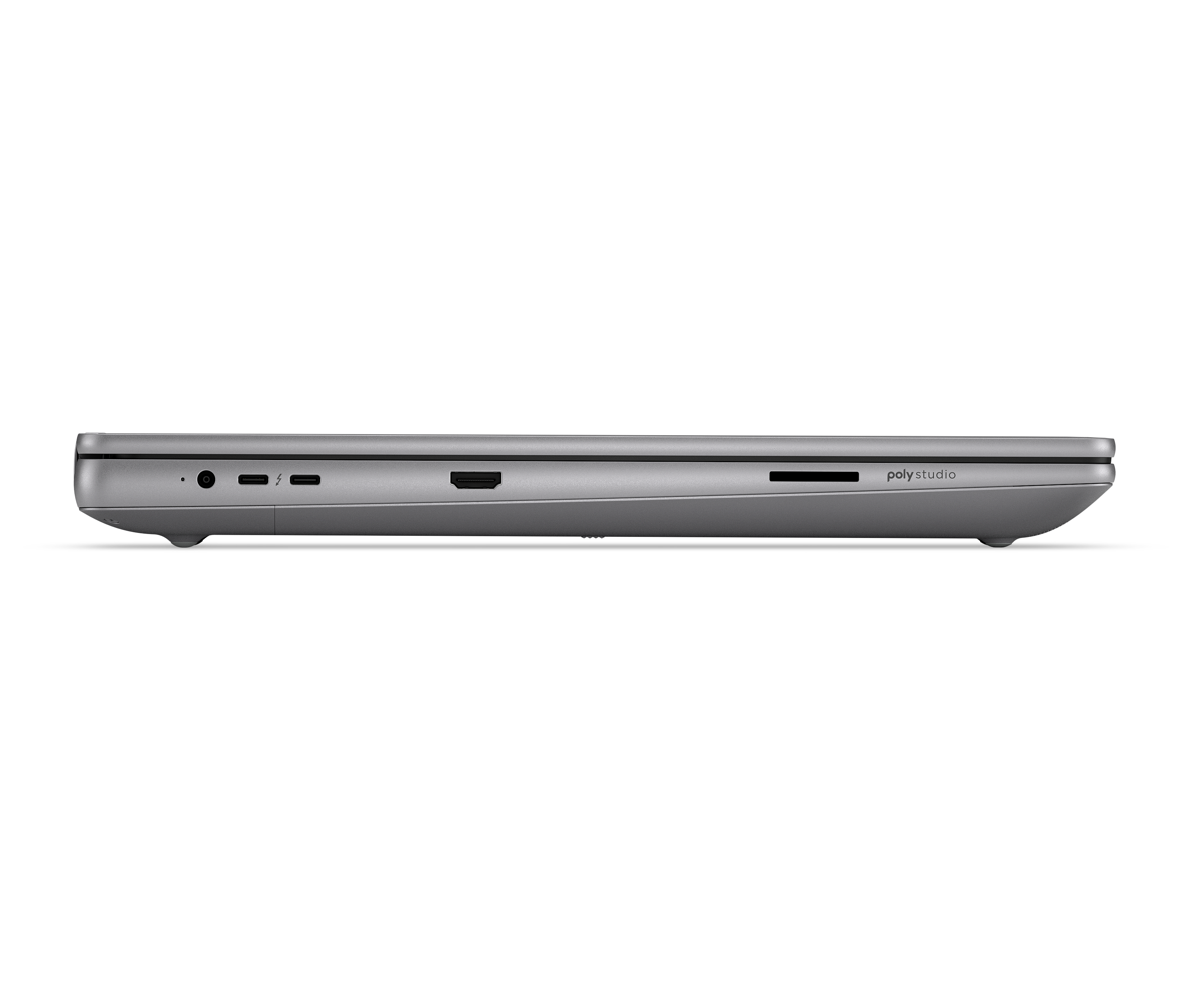 Graues Laptop mit Anschlüssen: USB-C, HDMI, SD-Kartensteckplatz.