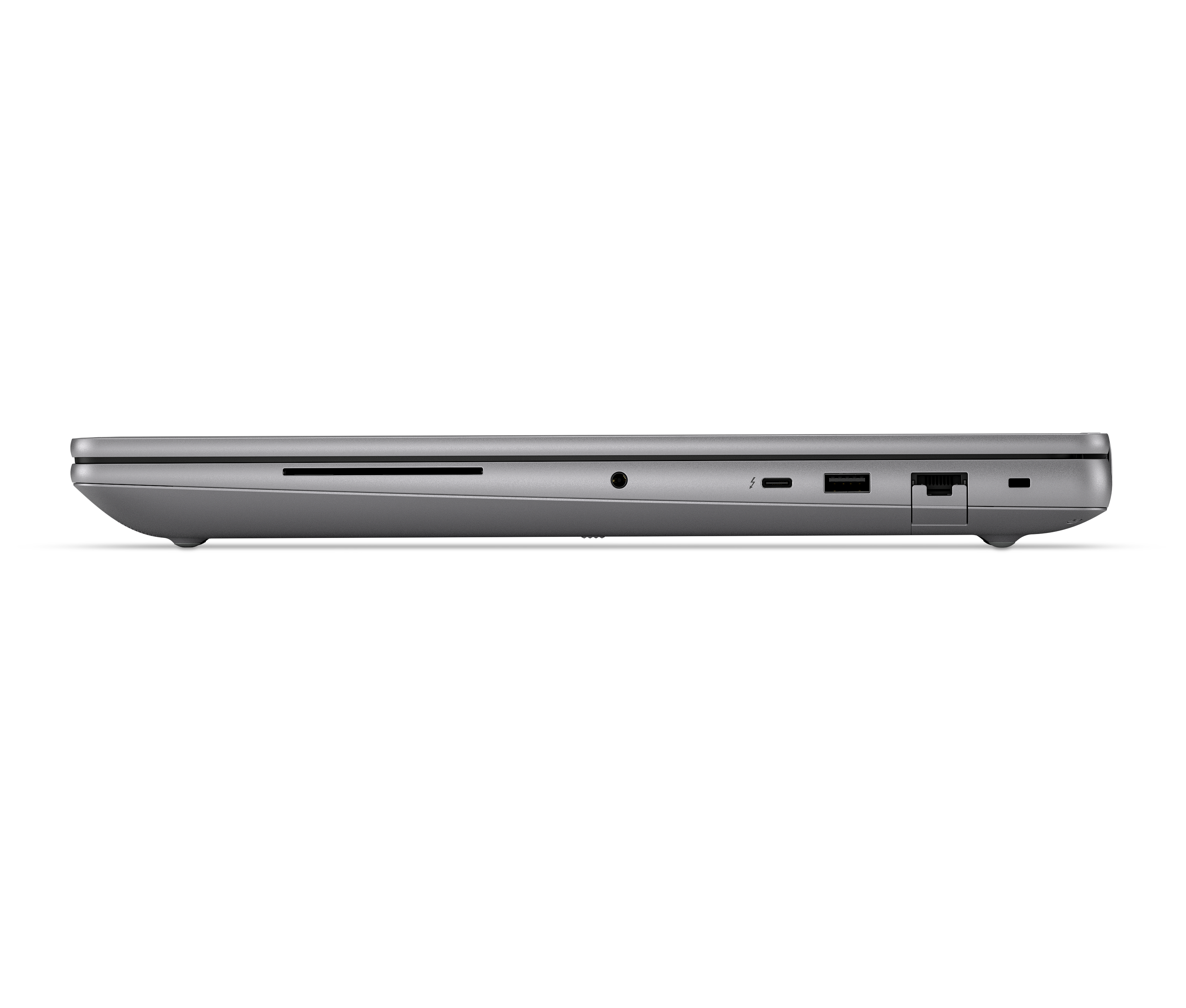 Grauer Laptop-Seite mit Anschlüssen: SD-Kartenleser, Kopfhöreranschluss, Thunderbolt, USB-A, Ethernet.