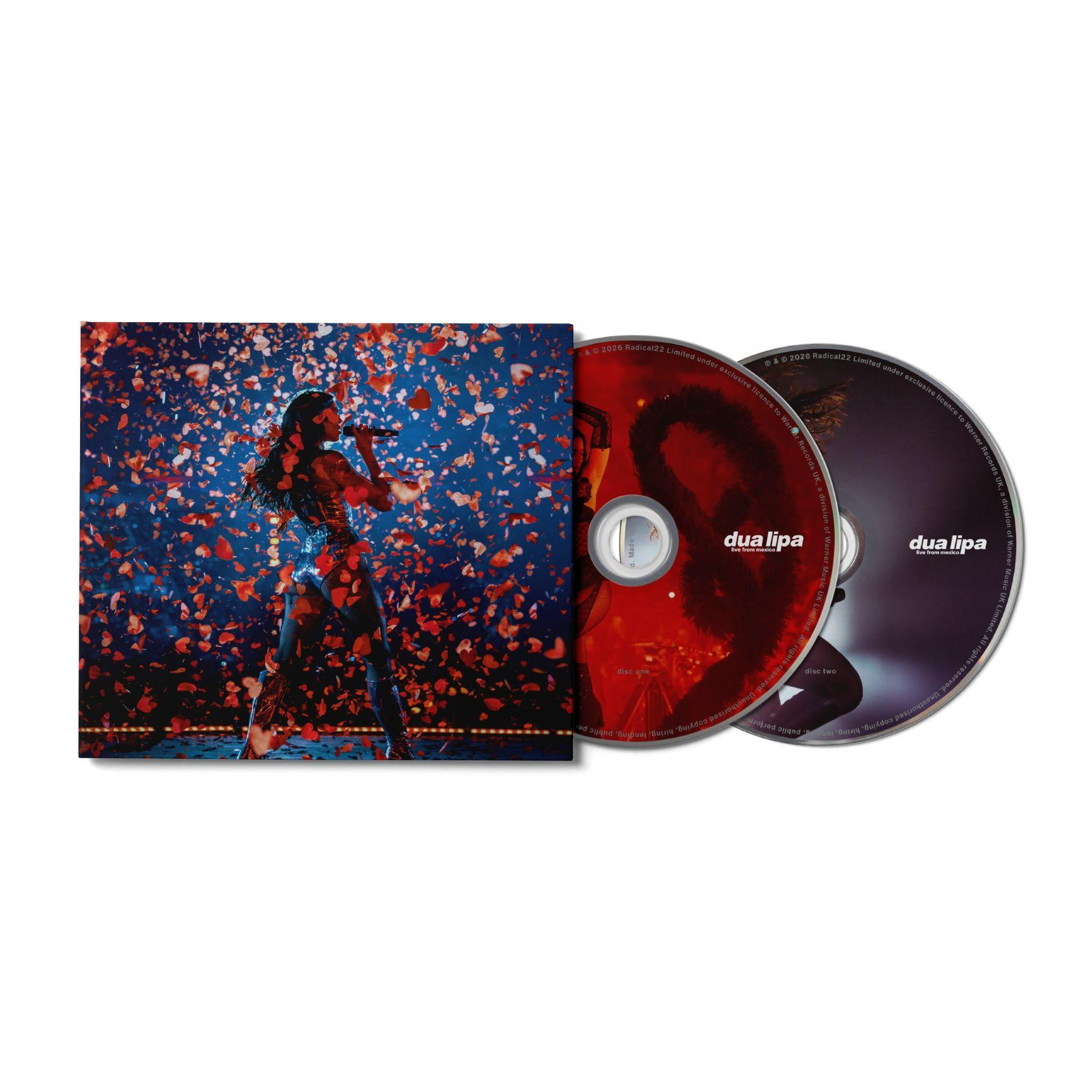 Dua Lipa singt auf einer Bühne, während Konfetti fällt. Zwei CDs sind daneben.
