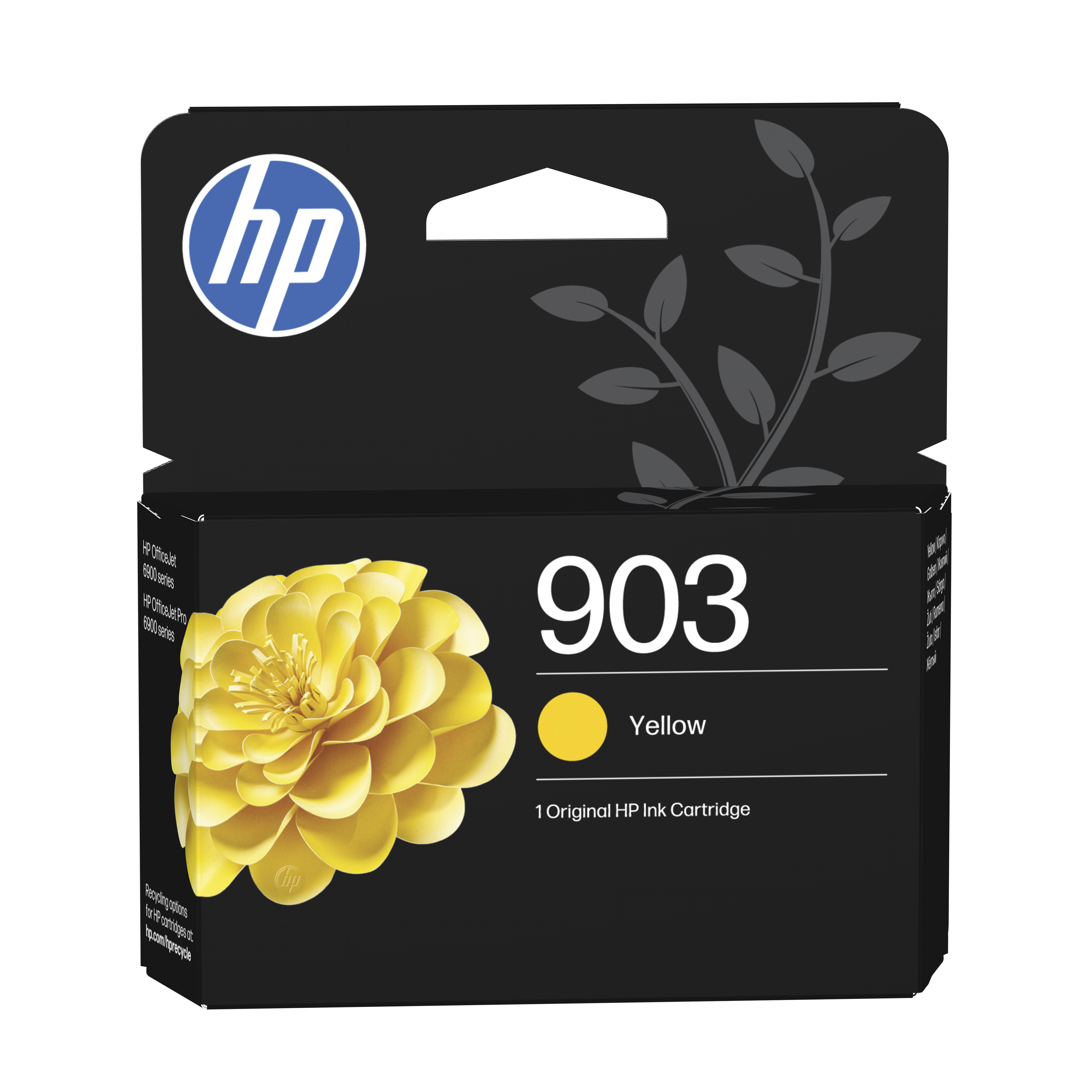 Schwarze HP-Verpackung mit gelber Blume und gelbem Tintenkreis.