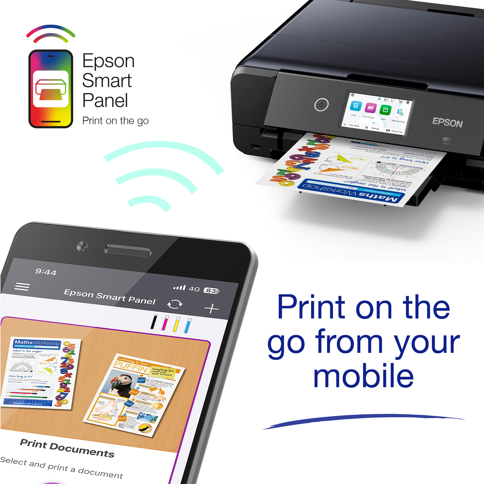Epson Drucker druckt Dokumente von einem Smartphone mit Epson Smart Panel.