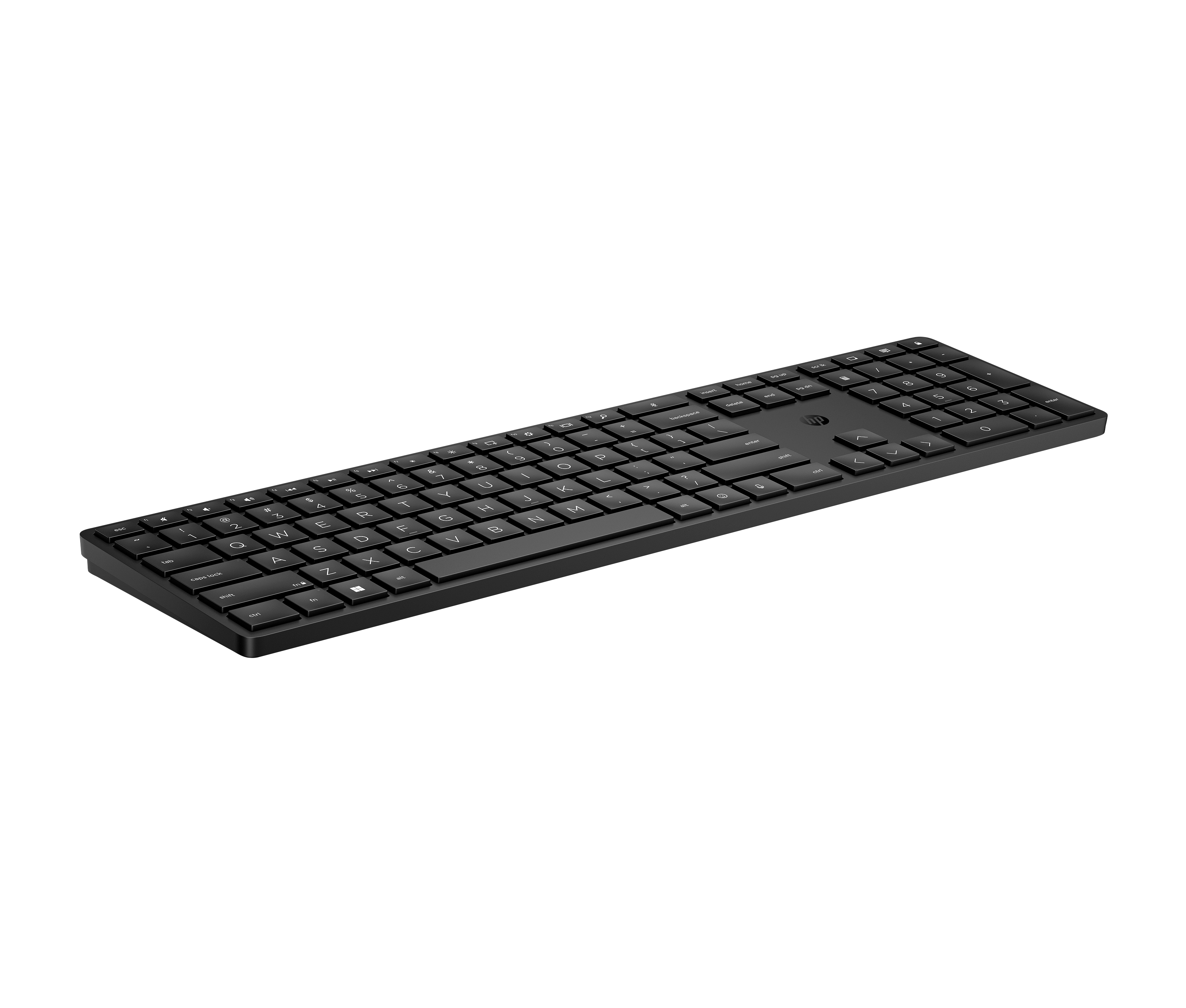 Eine schwarze HP Tastatur mit Nummernblock auf schwarzem Hintergrund.