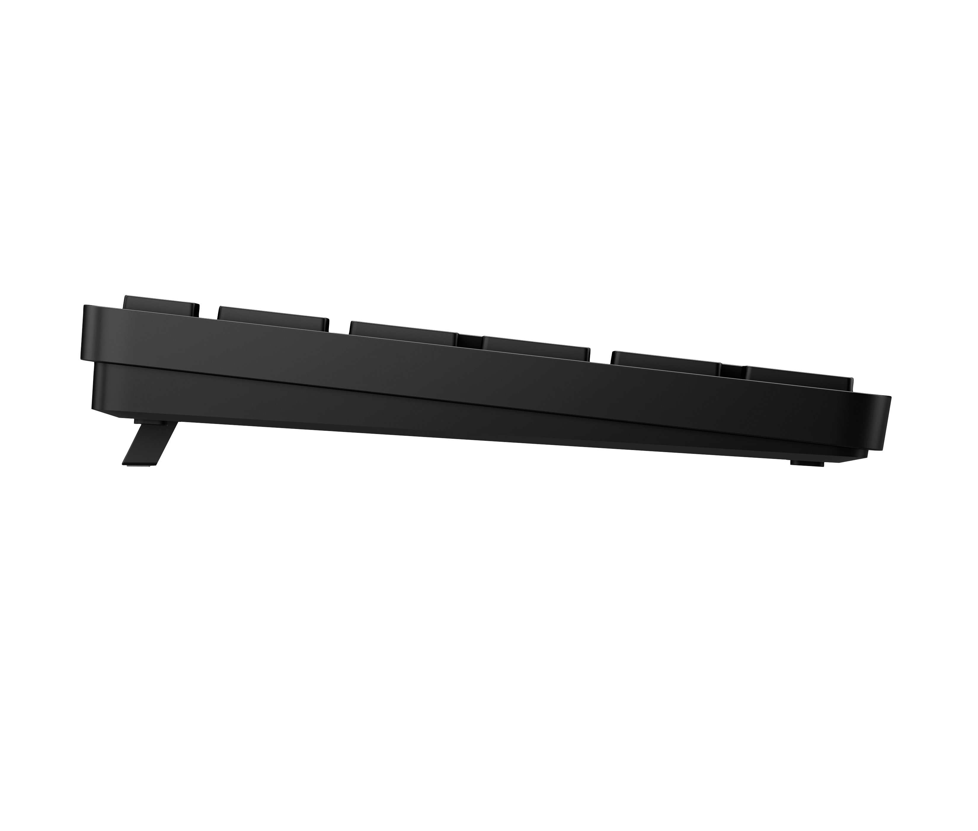 Schwarze Tastaturansicht von der Seite, mit ausklappbaren Füßen.