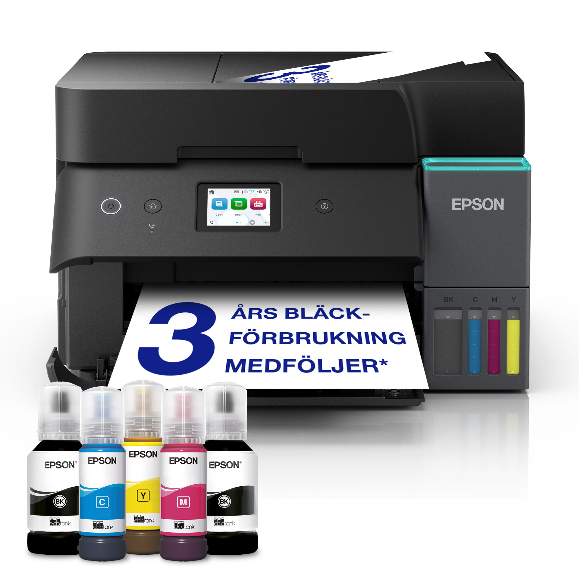Une imprimante Epson noire avec des bouteilles d'encre et une impression du chiffre 3.