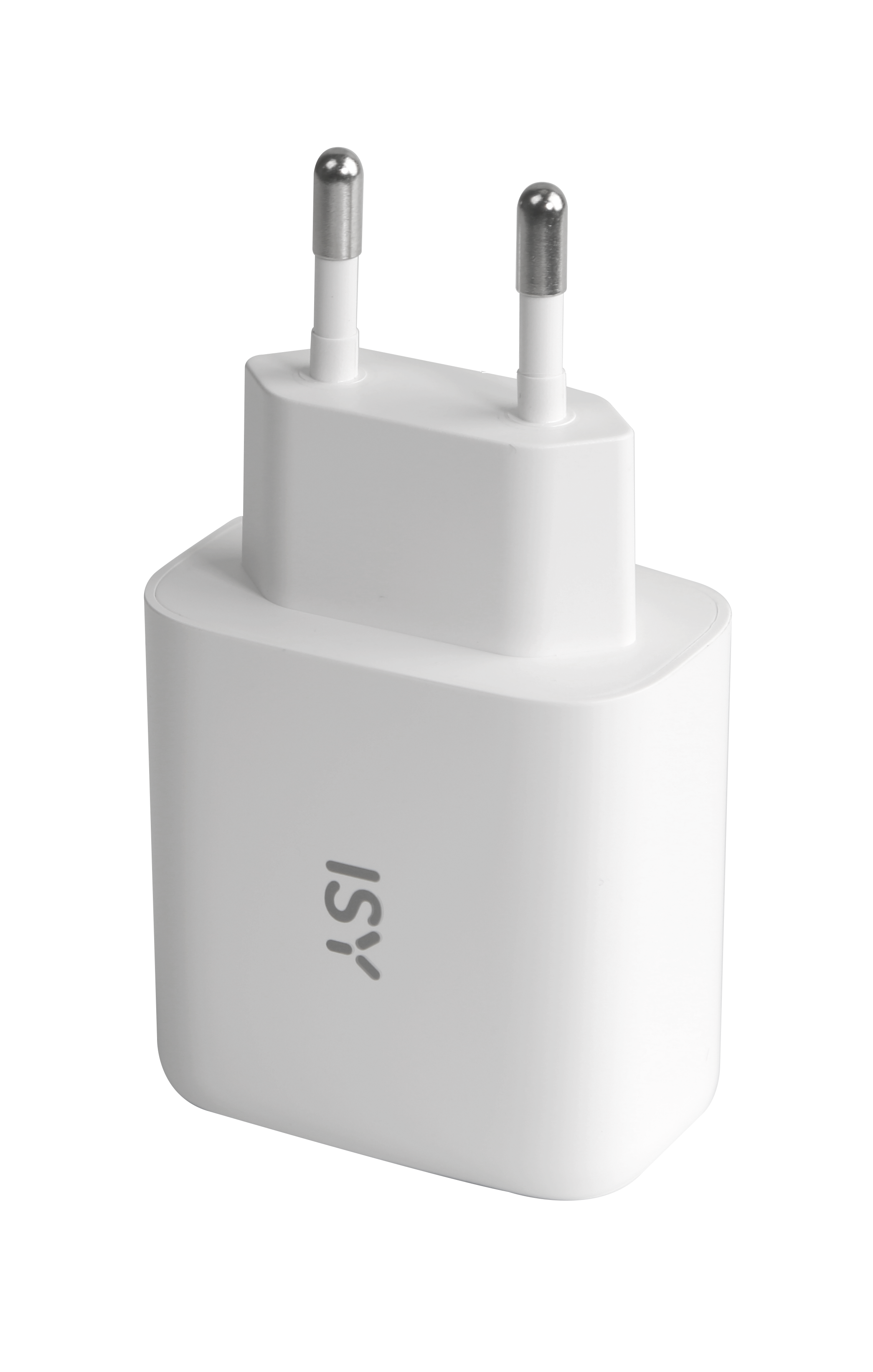 Ein weißer Ladestecker mit zwei silbernen Stiften und dem ISY-Logo.