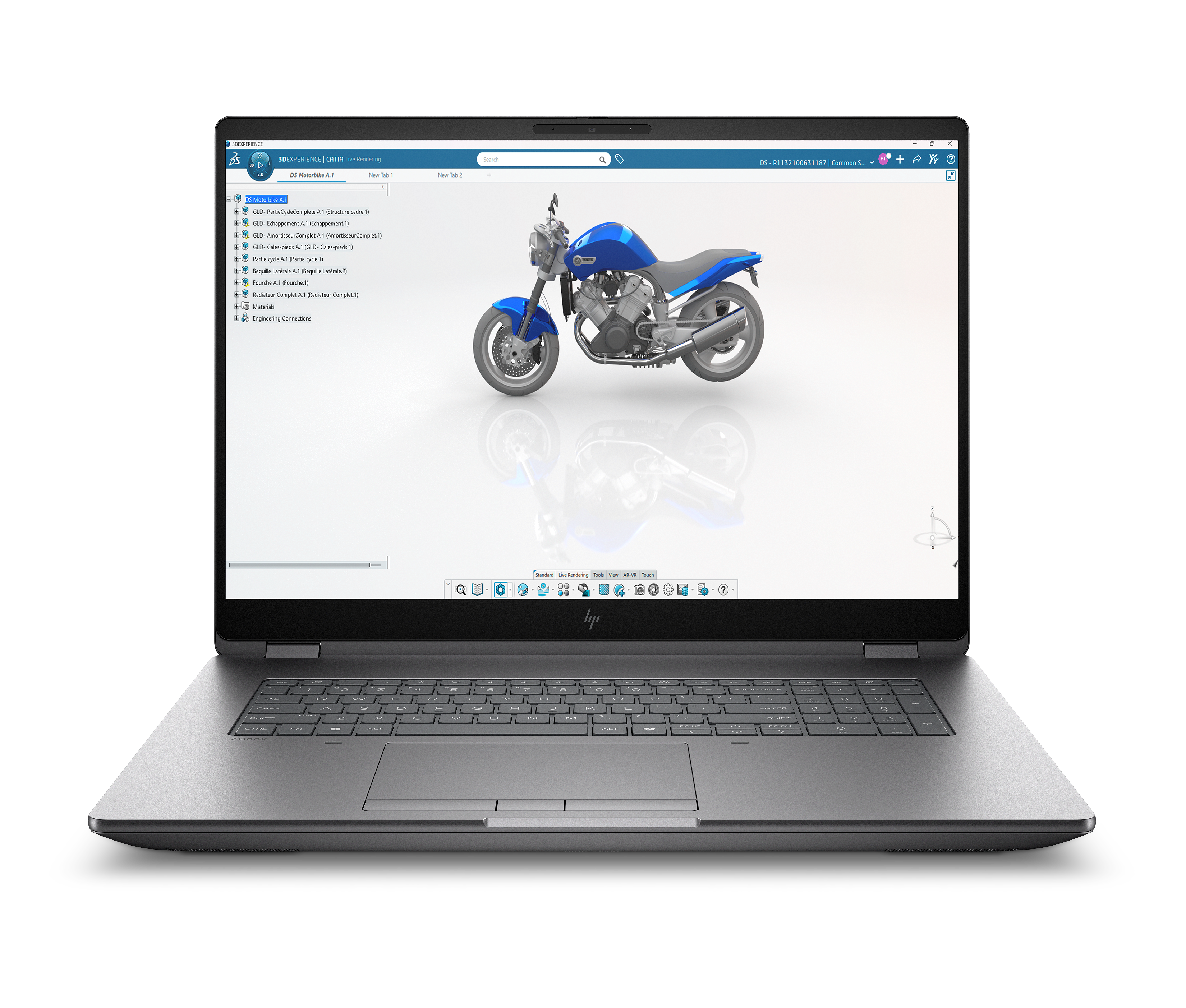Ein blauer Motorrad-3D-Modell wird auf einem Laptop-Bildschirm angezeigt.