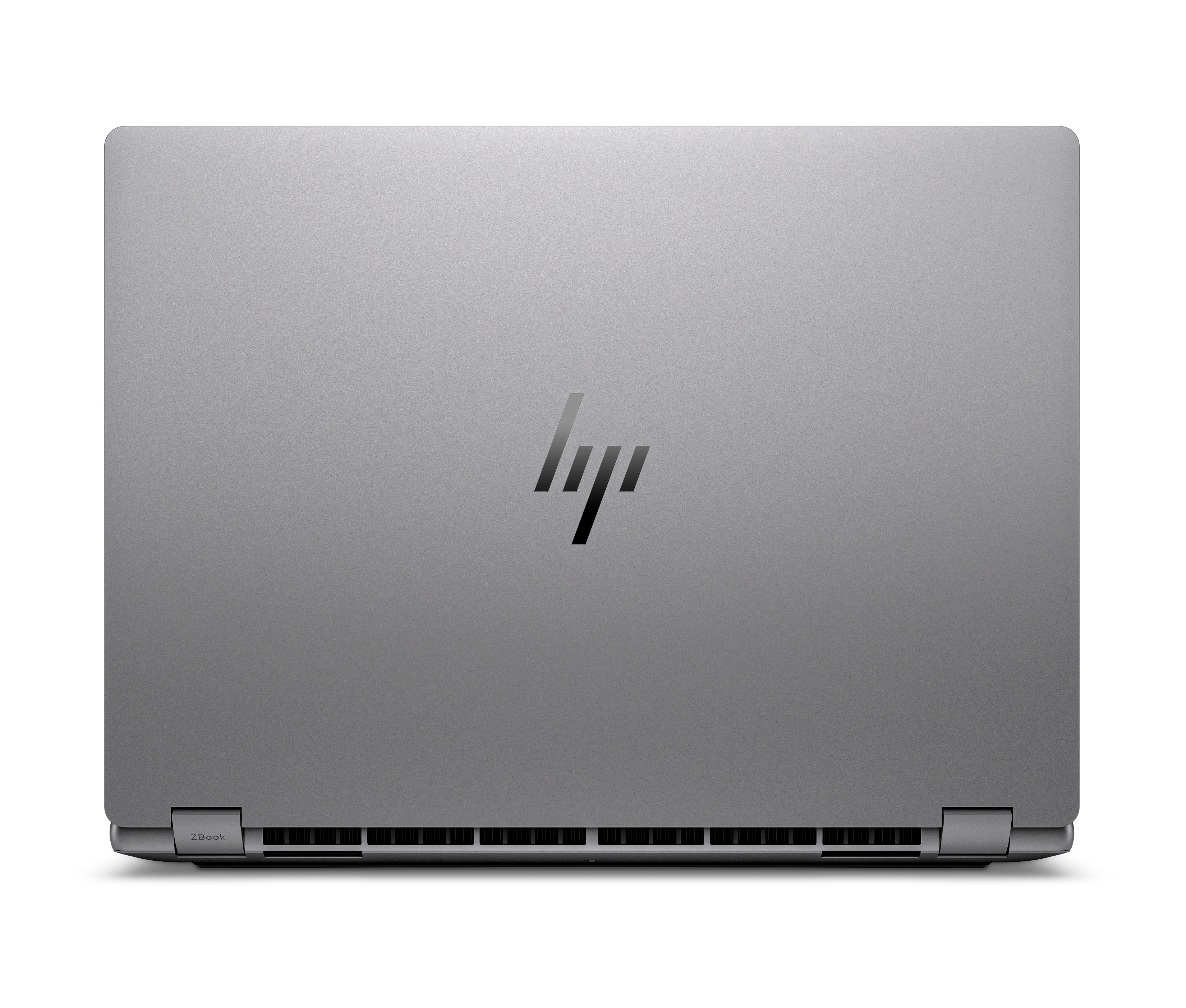 Geschlossener grauer HP Laptop mit Logo und Lüftungsschlitzen unten.