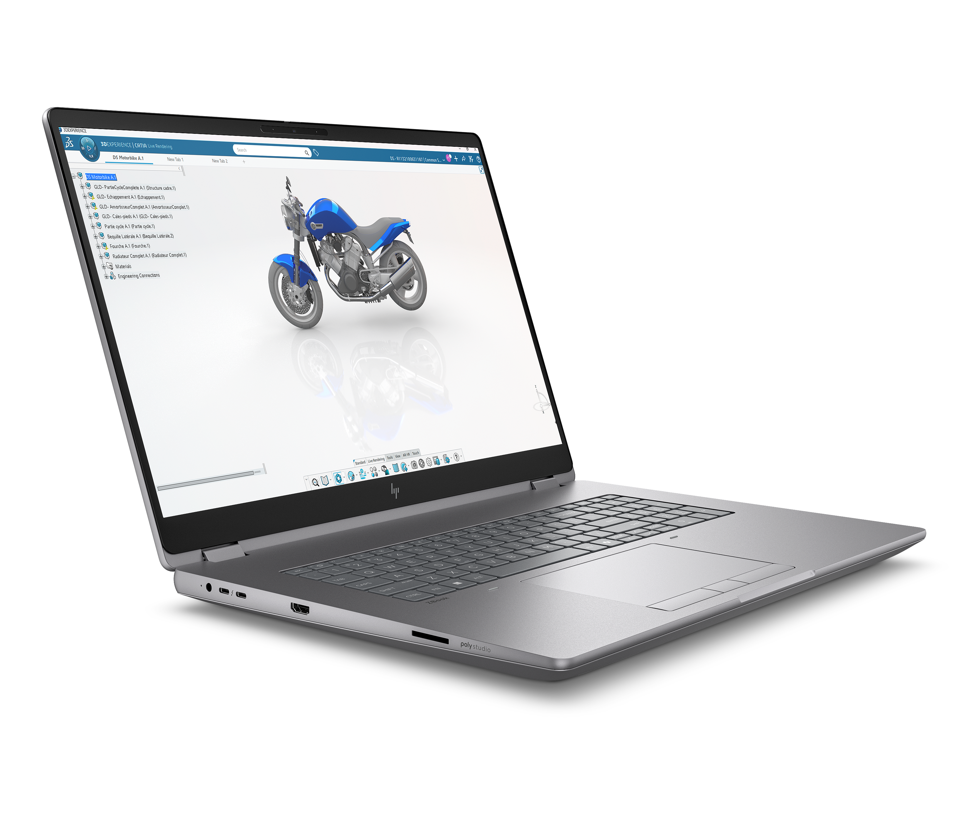 Ein blauer Motorrad-3D-Modell wird auf einem Laptop-Bildschirm angezeigt.